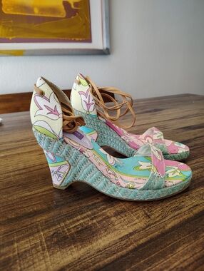 Emilio Pucci Laceup Wedge Sandals Blue Multicolor Size 37 7